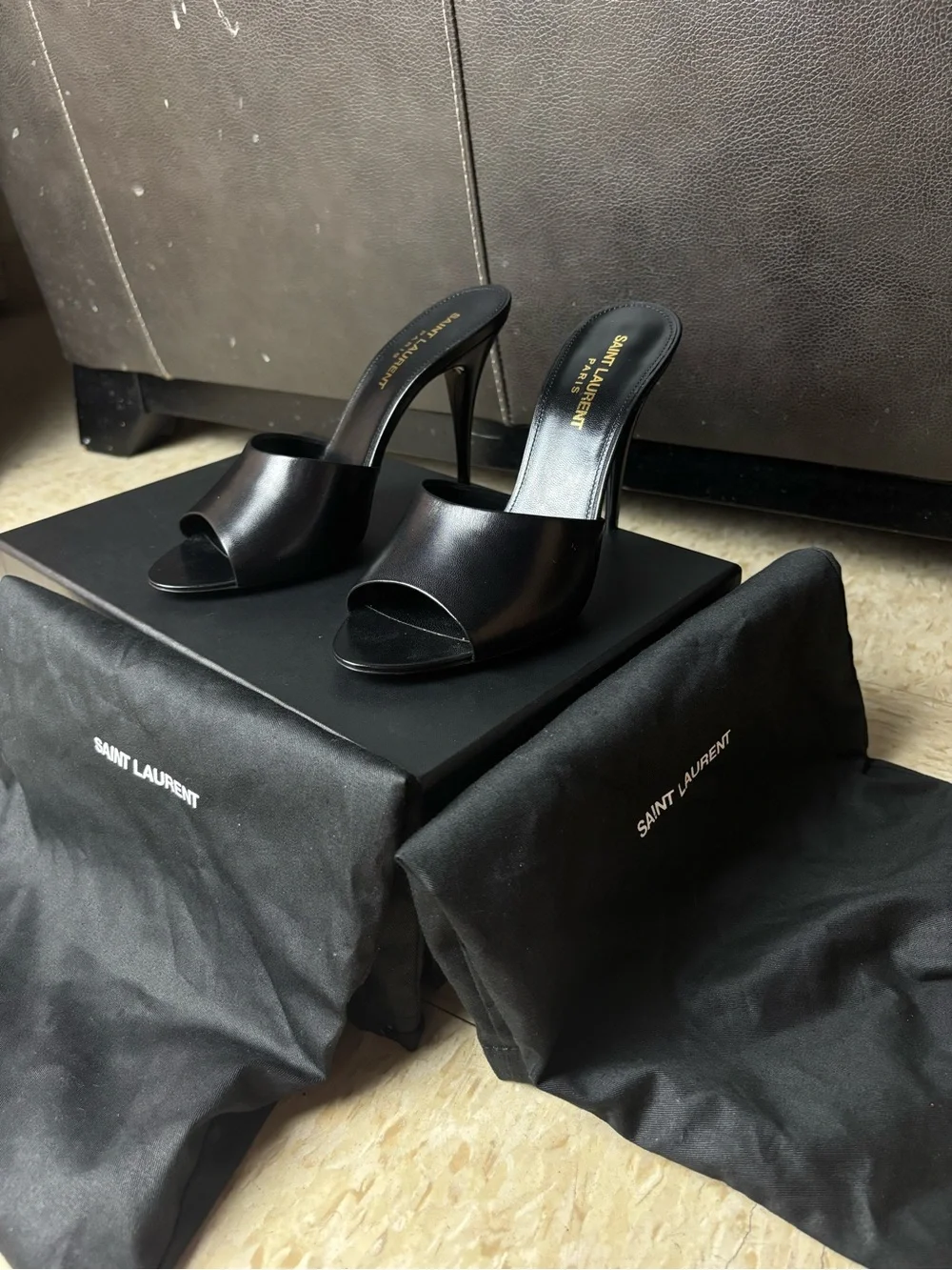 Saint Laurent Black Leather Peep-Toe Mule Heels - Picture 3 of 9